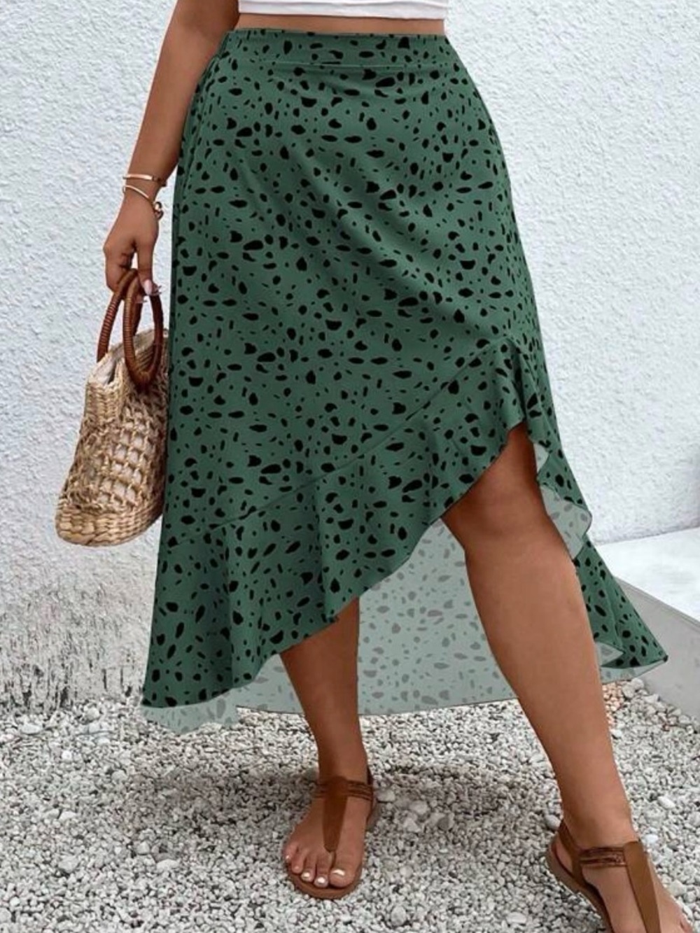 SHEIN Green High-Low Ruffle Skirt with Black Spot Print